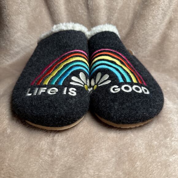 LIFE IS GOOD Cork & Felt Rainbow Daisy Gray Colorful Slippers Womens Sz 9 Medium - Picture 1 of 8